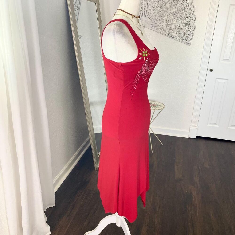 Vintage Made in USA Red Early 2000's Asymmetric One Shoulder Midi Party Dress S - Picture 4 of 7